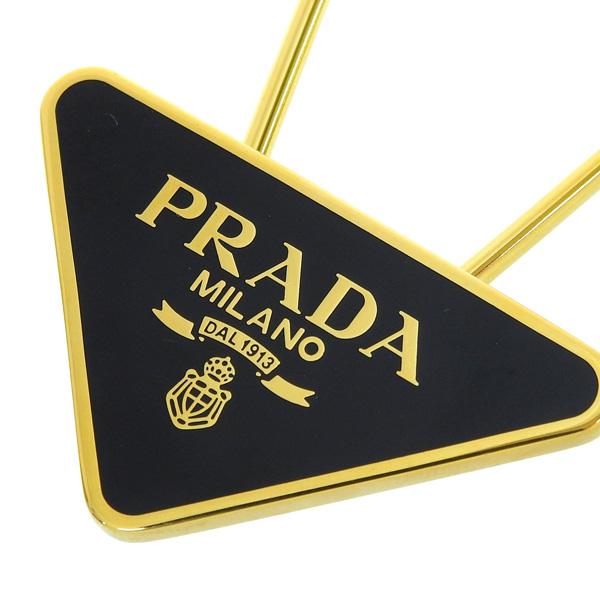 Prada Enameled Metal Logo Pin Key Ring Black and Gold Purse Charm in Black and Gold, authentic new keychain, image 2