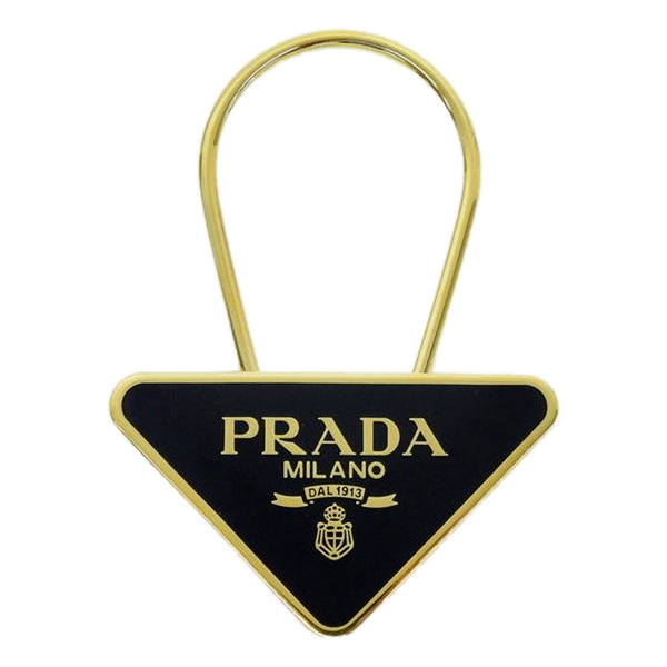 Prada Enameled Metal Logo Pin Key Ring Black and Gold Purse Charm in Black and Gold, authentic new keychain, image 1