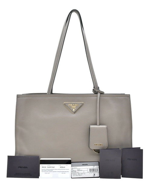 Prada Argilla Grey Glace Calf Leather Shopping Tote Bag in Argilla Grey, authentic pre-loved handbag, image 7