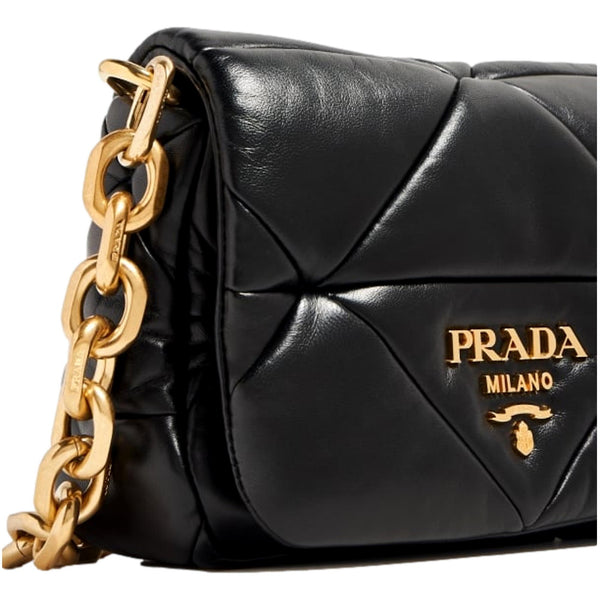 Prada Gold Logo Black Quilted Nappa Patch Leather Small Shoulder Bag in Black, authentic new handbag, image 2