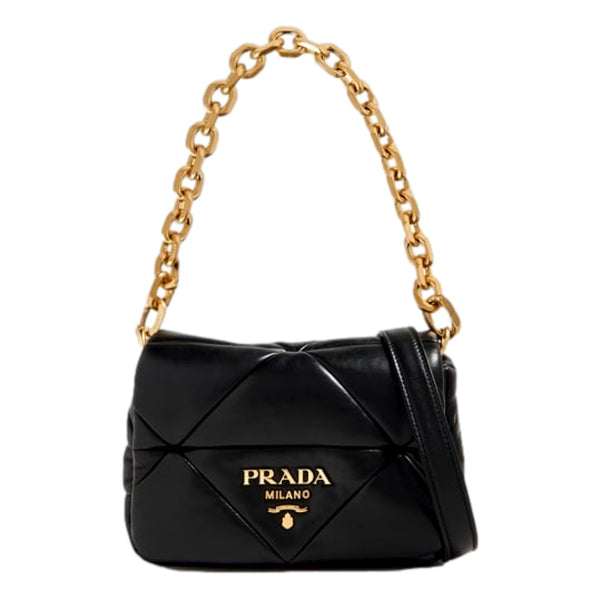 Prada Gold Logo Black Quilted Nappa Patch Leather Small Shoulder Bag in Black, authentic new handbag, image 1