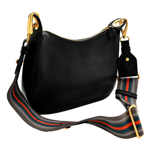 Prada Vitello Phenix Zippered Messenger Hobo Black Leather Shoulder Bag in Black, authentic new handbag, image 2