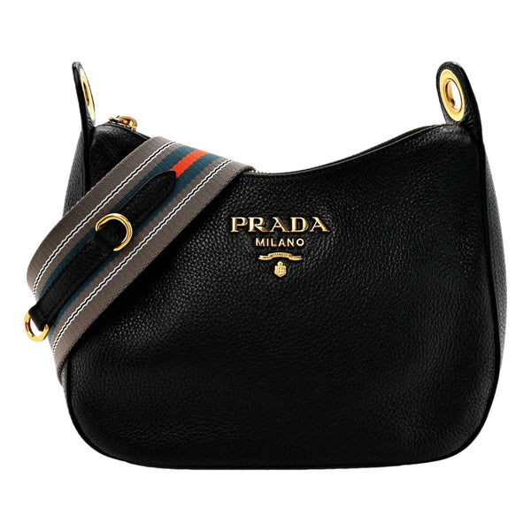 Prada Vitello Phenix Zippered Messenger Hobo Black Leather Shoulder Bag in Black, authentic new handbag, image 1