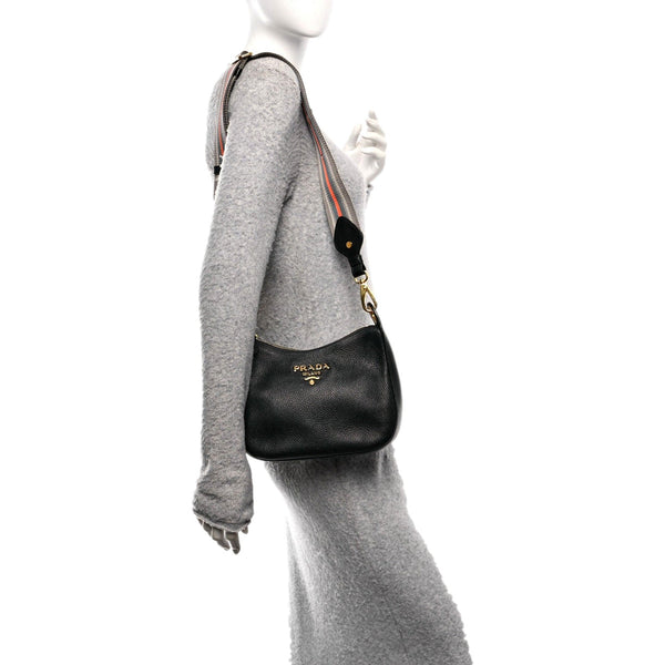 Prada Vitello Phenix Zippered Messenger Hobo Black Leather Shoulder Bag in Black, authentic new handbag, image 6