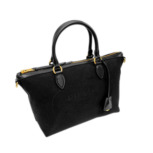 Prada Logo Jacquard Black Canvas Satchel Crossbody Bag Gold Hardware in Black, authentic new handbag, image 2