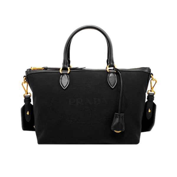 Prada Logo Jacquard Black Canvas Satchel Crossbody Bag Gold Hardware in Black, authentic new handbag, image 1