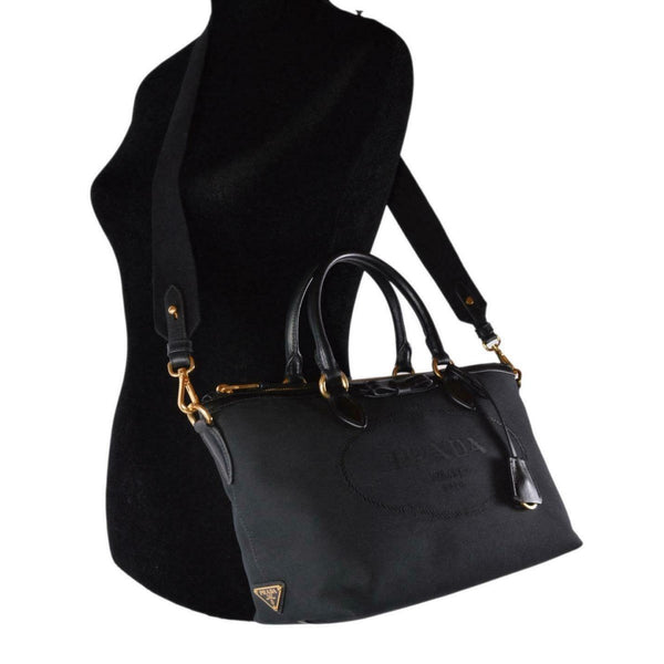 Prada Logo Jacquard Black Canvas Satchel Crossbody Bag Gold Hardware in Black, authentic new handbag, image 7