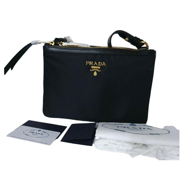 Prada Logo Tessuto Nylon Soft Calf Trim Black Cross Body Bag in Black, authentic new handbag, image 3