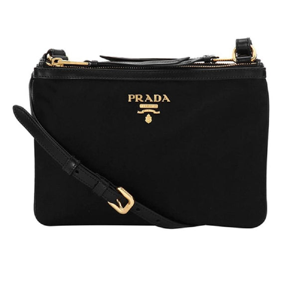 Prada Logo Tessuto Nylon Soft Calf Trim Black Cross Body Bag in Black, authentic new handbag, image 1