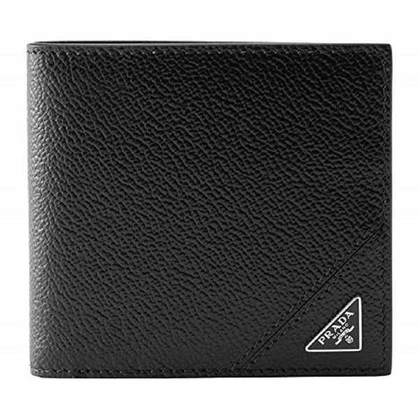 Prada Mens Vitello Micro Grain Black Leather Triangle Logo Bifold Wallet in Black, authentic new wallet, image 1