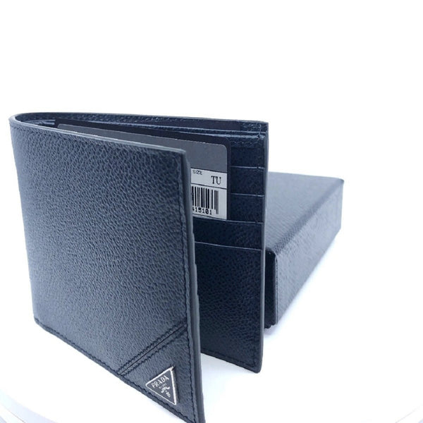 Prada Mens Vitello Micro Grain Navy Blue Leather Triangle Logo Bifold Wallet in Navy Blue, authentic new wallet, image 2