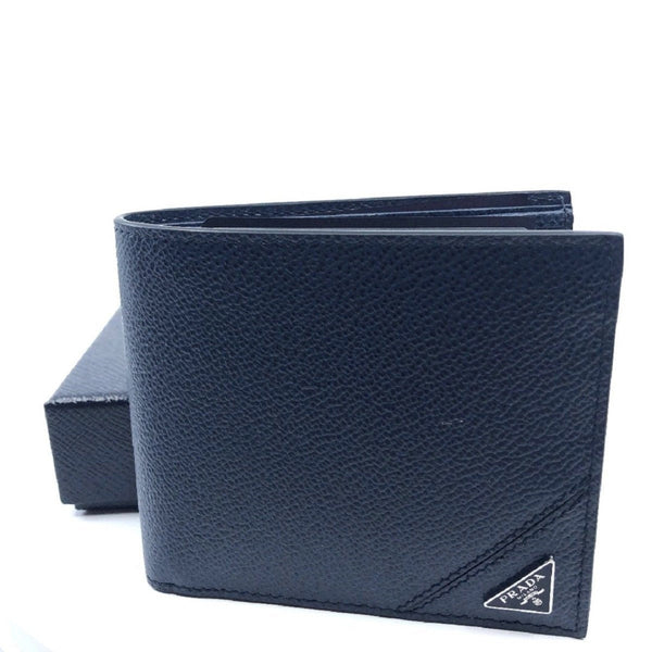 Prada Mens Vitello Micro Grain Navy Blue Leather Triangle Logo Bifold Wallet in Navy Blue, authentic new wallet, image 1