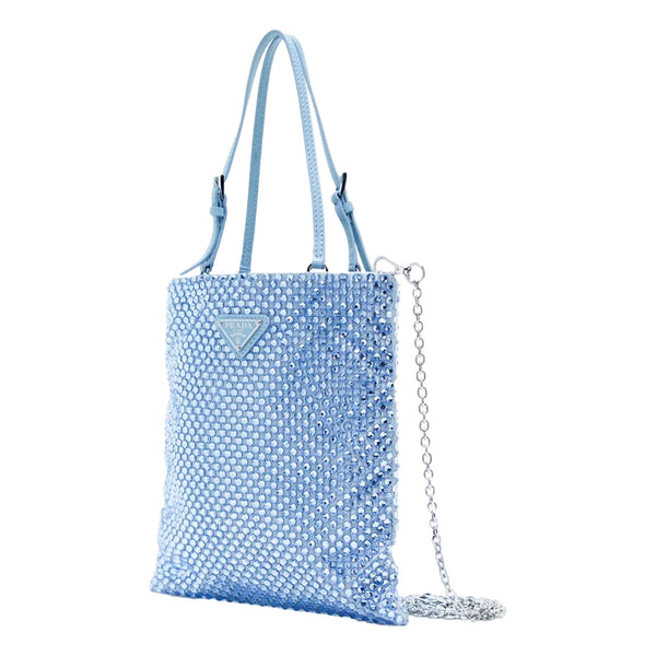 Prada Mini Satin Crystal Embellished Double Handle Crossbody Handbag Light Blue – strap and handle detail 5