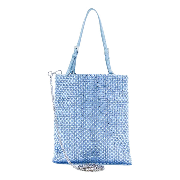 Prada Mini Satin Crystal Embellished Double Handle Crossbody Handbag Light Blue – strap and handle detail 3