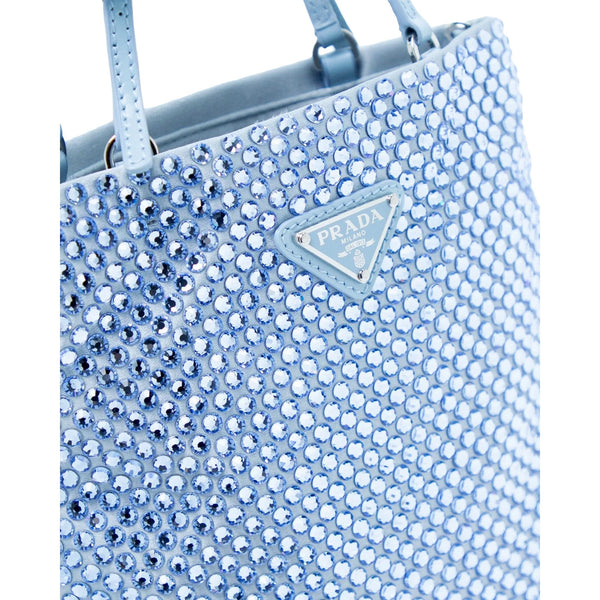 Prada Mini Satin Crystal Embellished Double Handle Crossbody Handbag Light Blue – strap and handle detail 6