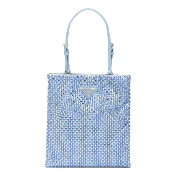 Prada Mini Satin Crystal Embellished Double Handle Crossbody Handbag Light Blue – strap and handle detail