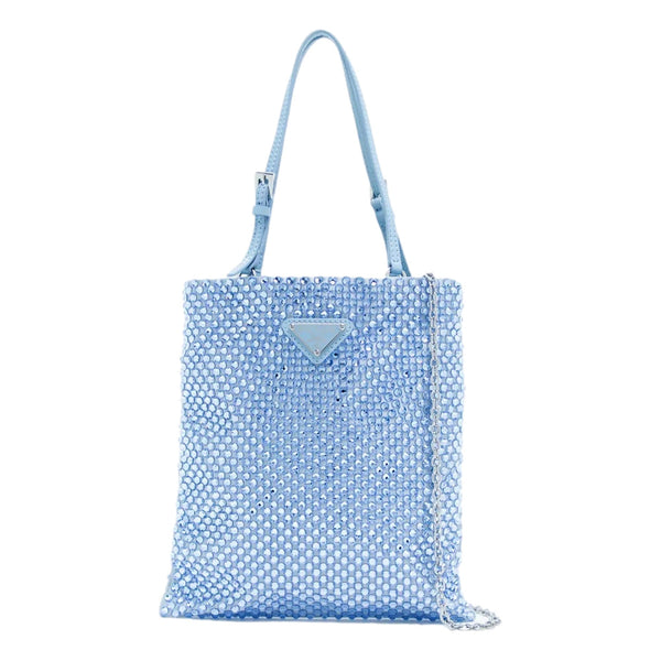 Prada Mini Satin Crystal Embellished Double Handle Crossbody Handbag Light Blue – strap and handle detail 2