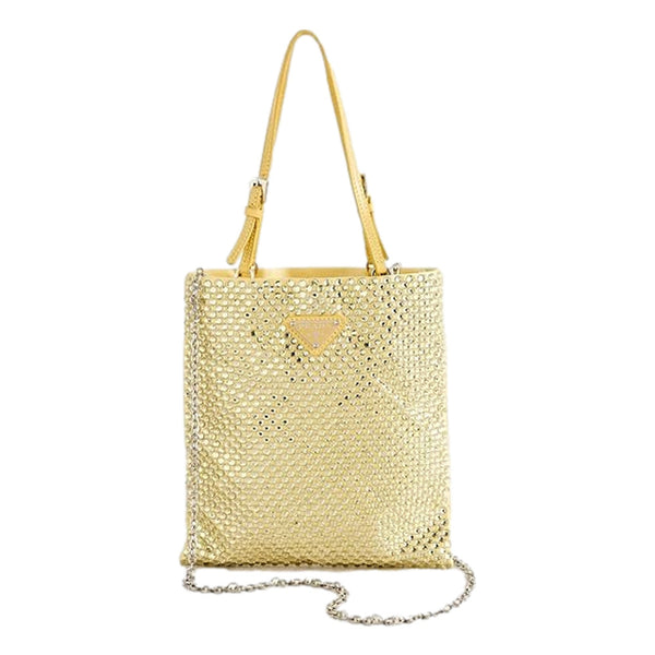 Prada Mini Satin Crystal Embellished Double Handle Crossbody Handbag Yellow in Yellow, authentic new handbag, image 2