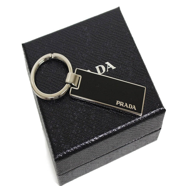 Prada Nero Black Rectangle Enamel Silver Metal Keyring Keychain Charm in Nero Black, authentic new keychain, image 1