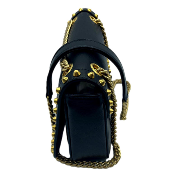 Prada Pattina Black Glace Calf Leather Studded Flap Crossbody Bag Gold Chain in Black, authentic new handbag, image 4