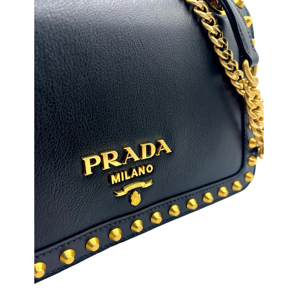 Prada Pattina Black Glace Calf Leather Studded Flap Crossbody Bag Gold Chain in Black, authentic new handbag, image 5