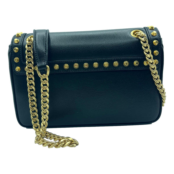 Prada Pattina Black Glace Calf Leather Studded Flap Crossbody Bag Gold Chain in Black, authentic new handbag, image 3