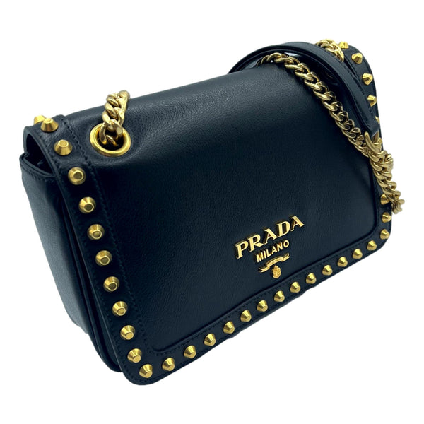 Prada Pattina Black Glace Calf Leather Studded Flap Crossbody Bag Gold Chain in Black, authentic new handbag, image 2