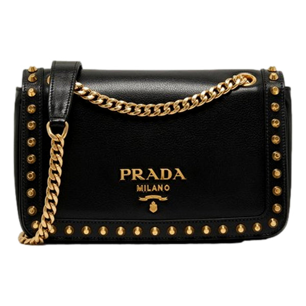 Prada Pattina Black Glace Calf Leather Studded Flap Crossbody Bag Gold Chain in Black, authentic new handbag, image 1