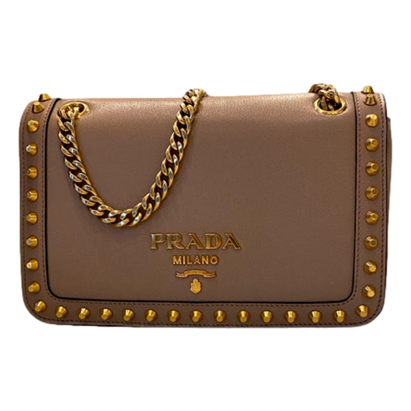 Prada Pattina Glace Calf Leather Cammeo Beige Gold Studded Bag in Cammeo Beige, authentic new handbag, image 1
