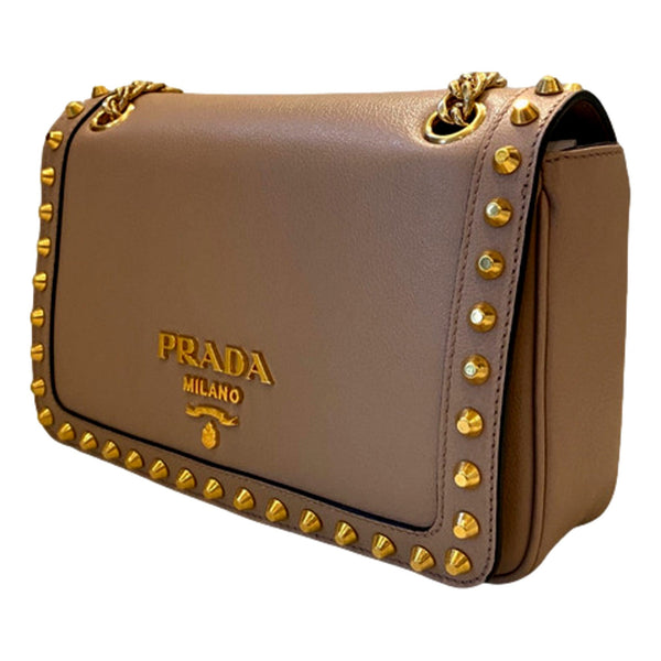 Prada Pattina Glace Calf Leather Cammeo Beige Gold Studded Bag in Cammeo Beige, authentic new handbag, image 3