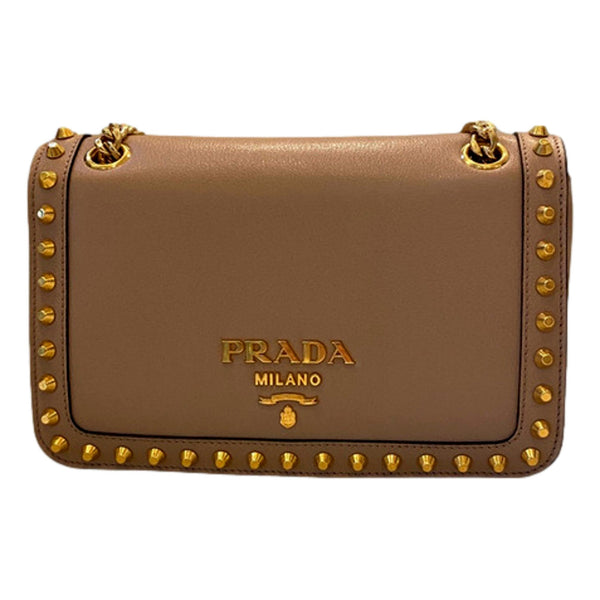 Prada Pattina Glace Calf Leather Cammeo Beige Gold Studded Bag in Cammeo Beige, authentic new handbag, image 2