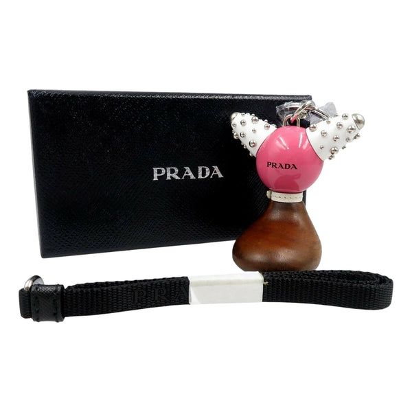 Prada Pradamalia Trick Robot Wood and Metal Begonia Pink Bag Charm in Begonia Pink, authentic new keychain, image 4