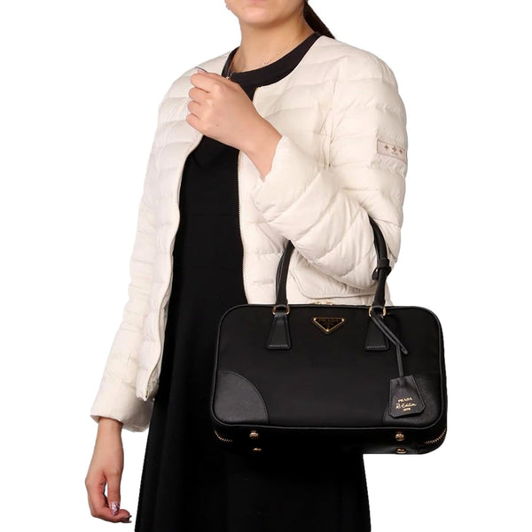Prada Re-Edition 1978 Medium Re-Nylon and Saffiano Leather Two-Handle Bag Black in Black, authentic new handbag, image 7