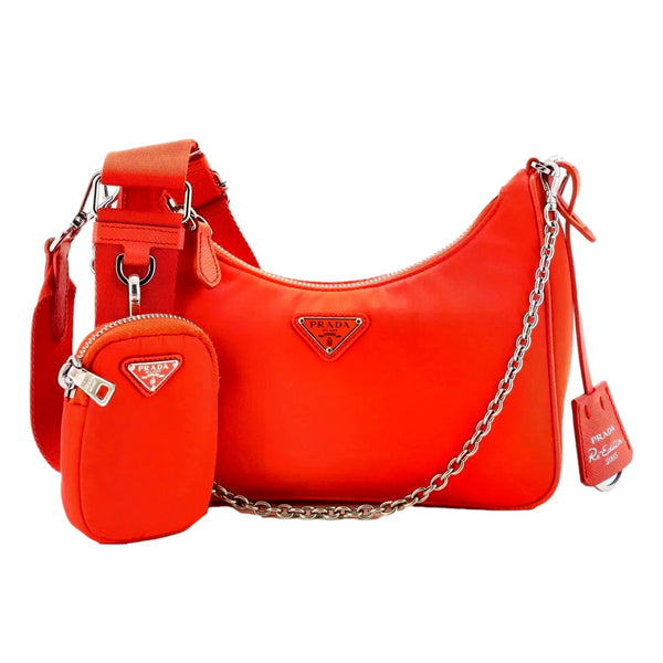 Prada Re-Edition 2005 Arancio orange nylon shoulder bag front view