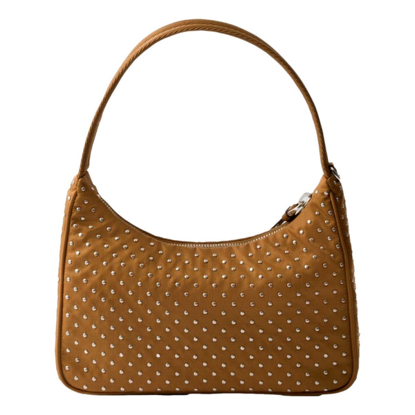 Prada Re-Edition Studded Nylon Mini Shoulder Bag in Brown with Silver Hardware in Brown, authentic new handbag, image 3