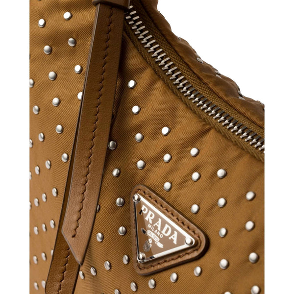 Prada Re-Edition Studded Nylon Mini Shoulder Bag in Brown with Silver Hardware in Brown, authentic new handbag, image 5