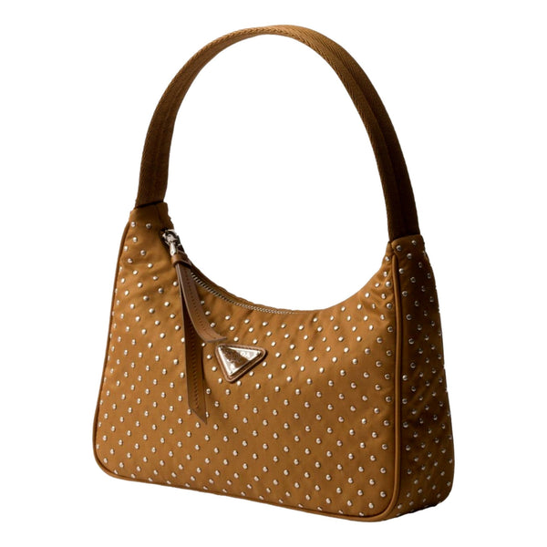 Prada Re-Edition Studded Nylon Mini Shoulder Bag in Brown with Silver Hardware in Brown, authentic new handbag, image 1