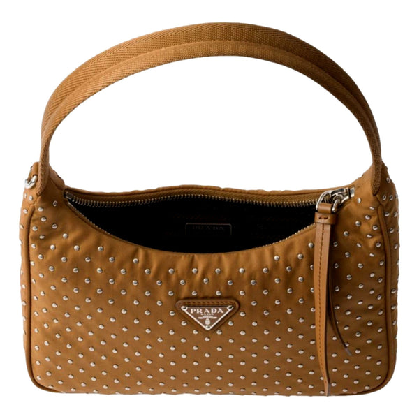 Prada Re-Edition Studded Nylon Mini Shoulder Bag in Brown with Silver Hardware in Brown, authentic new handbag, image 2