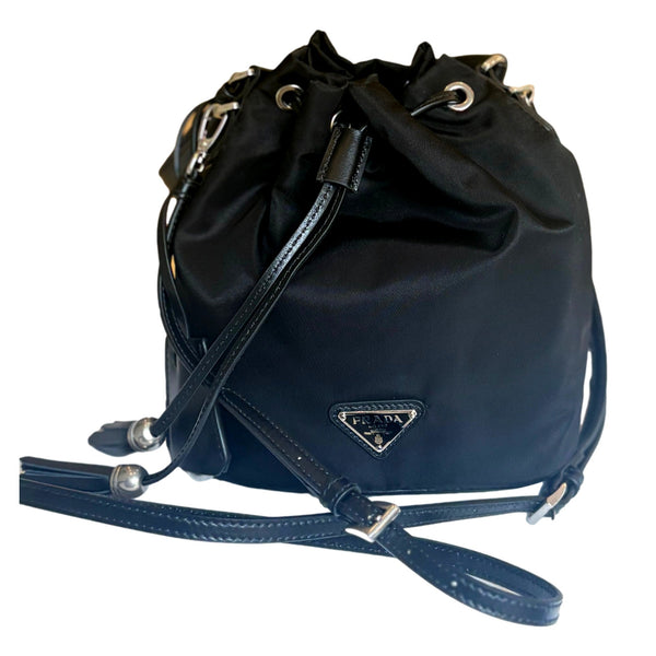 Prada Re-Nylon Black Tassel Drawstring Bucket Bag in Black, authentic new handbag, image 1