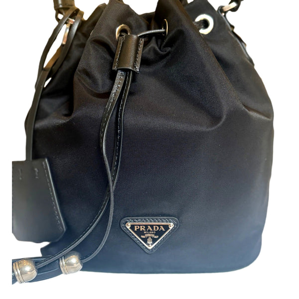 Prada Re-Nylon Black Tassel Drawstring Bucket Bag in Black, authentic new handbag, image 3