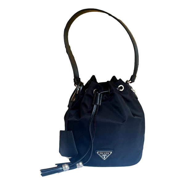 Prada Re-Nylon Black Tassel Drawstring Bucket Bag in Black, authentic new handbag, image 2