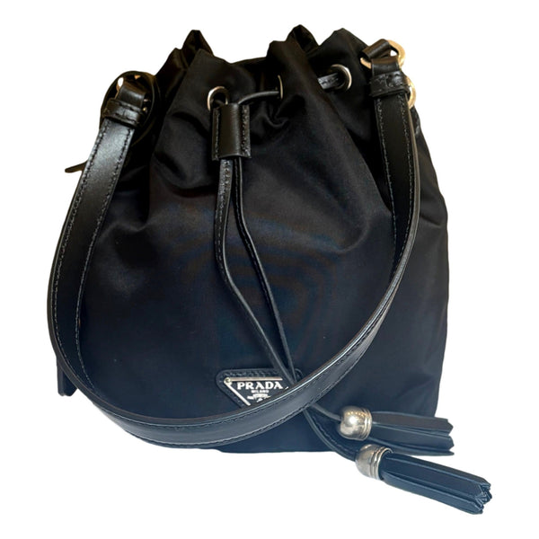 Prada Re-Nylon Black Tassel Drawstring Bucket Bag in Black, authentic new handbag, image 5