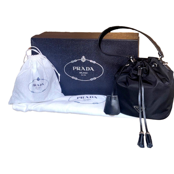 Prada Re-Nylon Black Tassel Drawstring Bucket Bag in Black, authentic new handbag, image 8