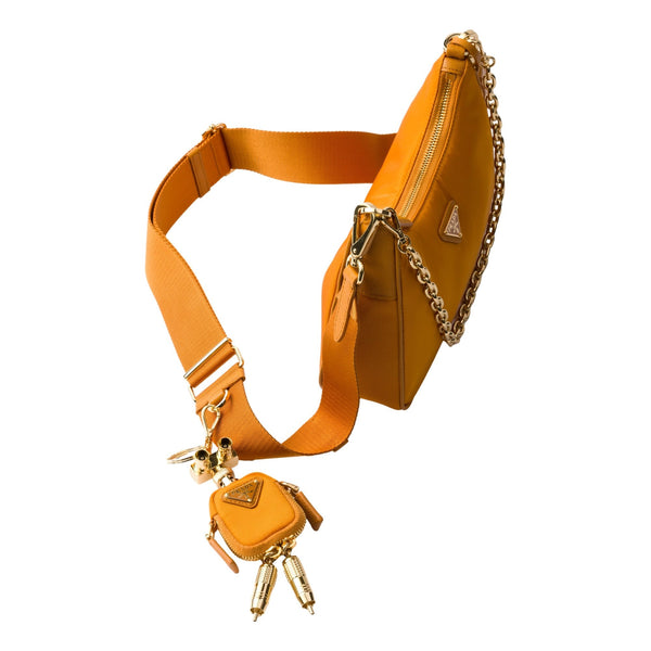 Prada Re-Edition 2005 Orange Re-Nylon and Saffiano Leather Shoulder Bag with Robot Charm Strap – side view