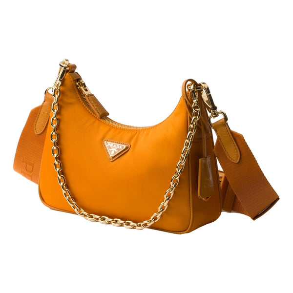 Prada Re-Edition 2005 Orange Re-Nylon and Saffiano Leather Shoulder Bag with Robot Charm Strap – side view 2