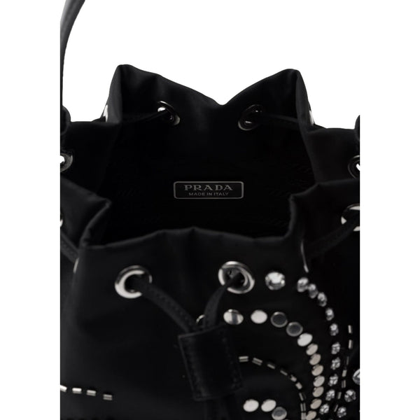 Prada Re-Nylon Mini Drawstring Bucket Bag Black Beaded Embroidered in Black, authentic new handbag, image 3
