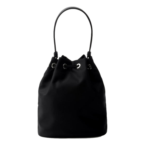 Prada Re-Nylon Mini Drawstring Bucket Bag Black Beaded Embroidered in Black, authentic new handbag, image 2