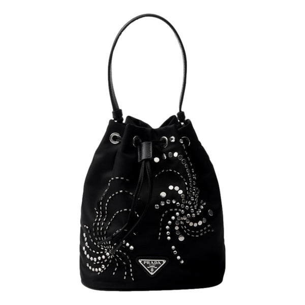 Prada Re-Nylon Mini Drawstring Bucket Bag Black Beaded Embroidered in Black, authentic new handbag, image 1