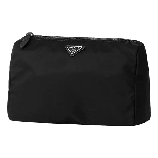 Prada Re-Nylon Necessaire Large Pouch Clutch in Black Nylon with Silver Hardware in Black, authentic new handbag, image 1