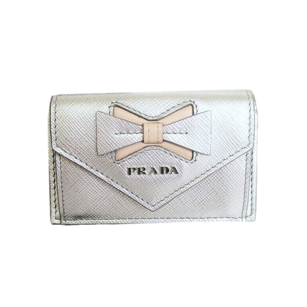 Prada Ribbon Saffiano Metallic Silver and Beige Leather Trifold Wallet in Metallic Silver, authentic new wallet, image 1